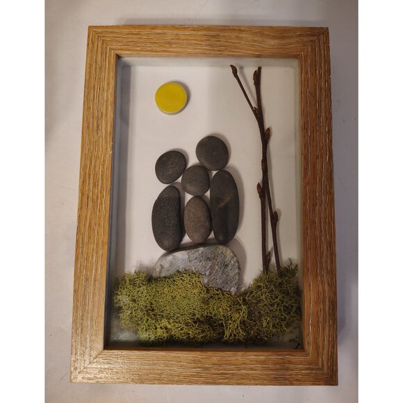 Handmade Pebble Rock Framed Art, Mother Father Child, Moss Twig, Sun Nature Boho - Picture 1 of 2